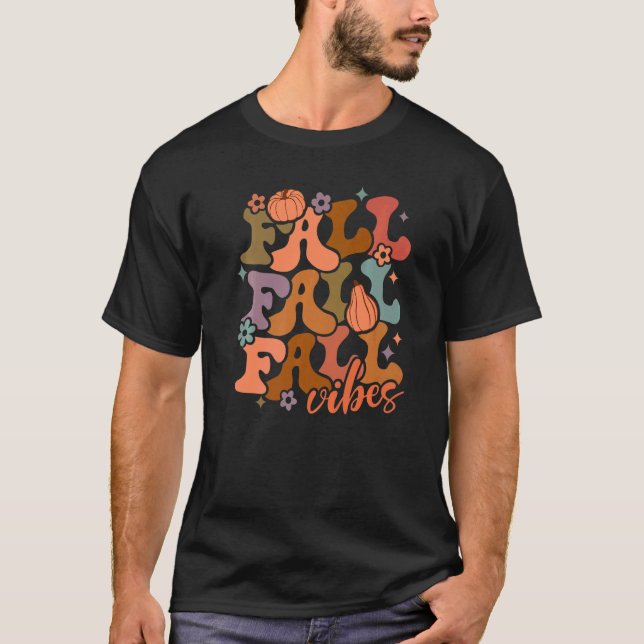 Fall Pumpkin Fall Vibes Retro Groovy T-Shirt (Front)