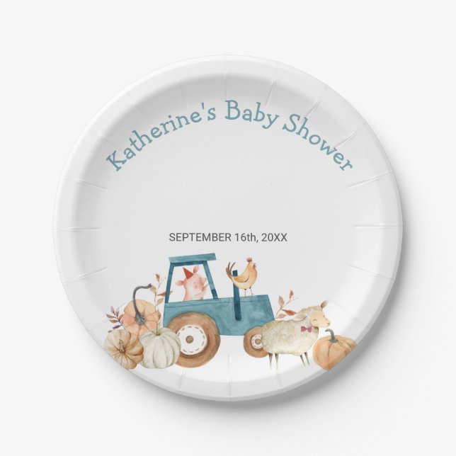 Fall Pumpkin Farm Animal Tractor Floral Paper Plate (Front)