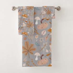 Fall Pumpkin Field with Fall Leaves and Mushrooms  Bath Towel Set