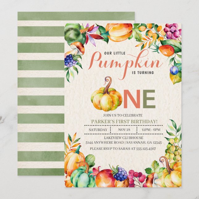 Fall Pumpkin First Birthday Invitation (Front/Back)