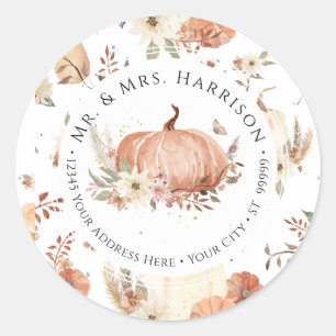 Fall Pumpkin Floral Autumn Leaf Return Address Classic Round Sticker
