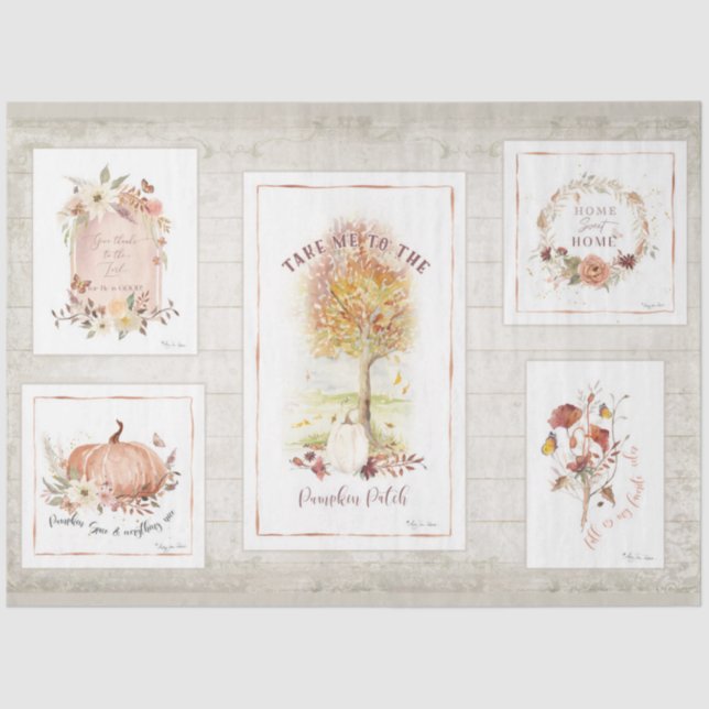 Fall Pumpkin Floral Autumn Tree Leaves Decoupage Tissue Paper (Front)