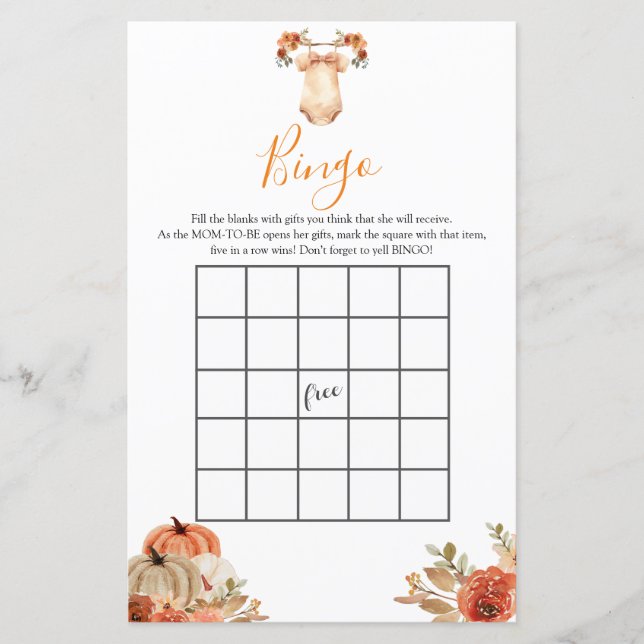 Fall Pumpkin Floral Baby Clothes Baby Shower Bingo (Front)