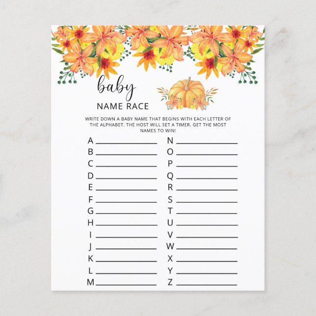 Fall pumpkin floral baby name race game (Front)