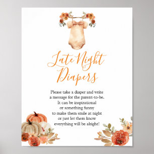 Fall Pumpkin Floral Baby Shower Late Night Diapers Poster