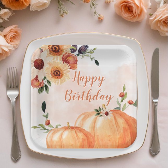 Fall Pumpkin Floral  Birthday Paper Plate (Fall Birthday Party Plates for Her)