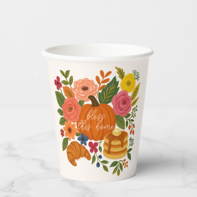 Fall Pumpkin Floral Bless This Home Thanksgiving Paper Cups (Front)