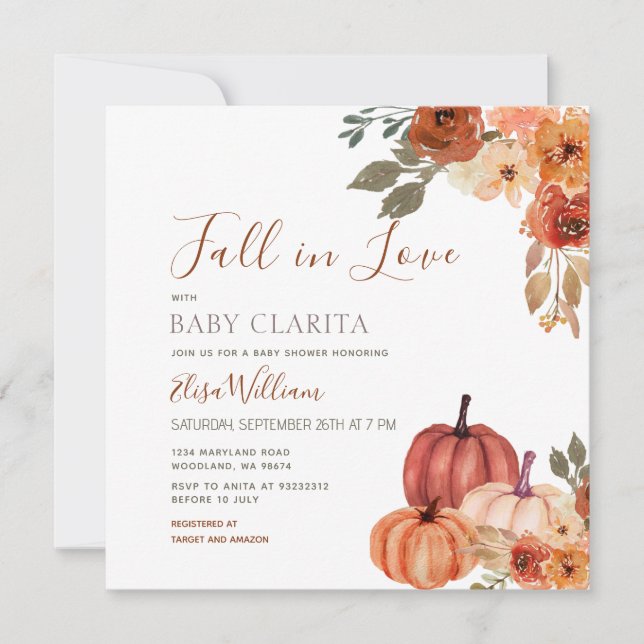 Fall Pumpkin Floral Fall in love Baby Shower   Invitation (Front)