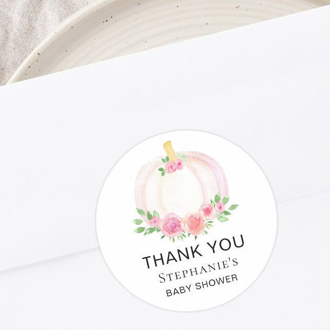Fall Pumpkin Floral Girl's Baby Shower Thank You Classic Round Sticker (Creator Uploaded)