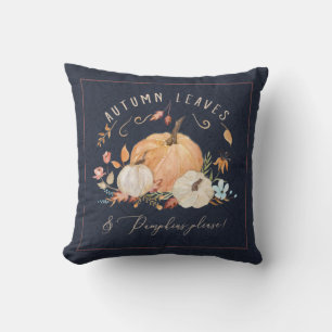 Fall Pumpkin Floral Navy Blue Watercolor Foliage Cushion