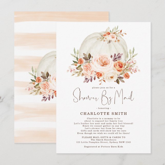 Fall Pumpkin Floral Neutral Baby Shower By Mail Invitation (Front/Back)