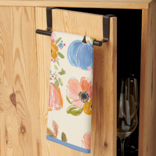 Fall Pumpkin & Floral Pattern Watercolor Tea Towel