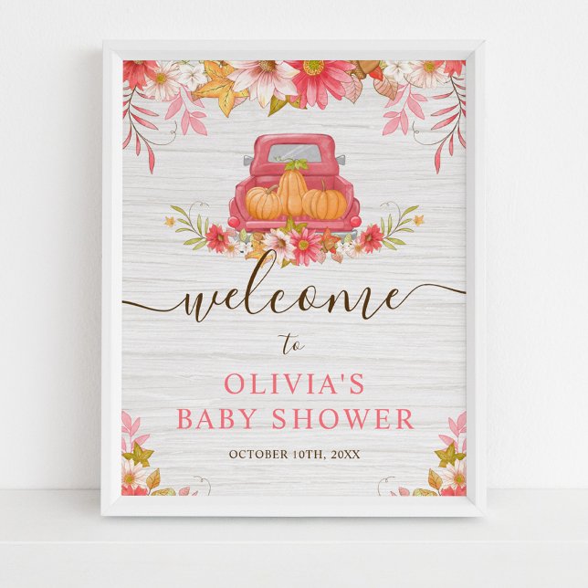 Fall Pumpkin Floral Truck Girl Baby Shower Welcome Poster (Creator Uploaded)