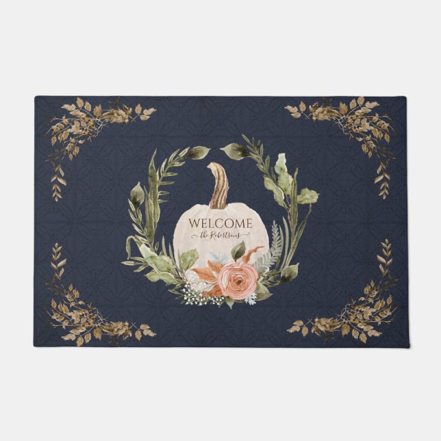 Fall Pumpkin Foliage Peach Floral Welcome Family  Doormat (Front)