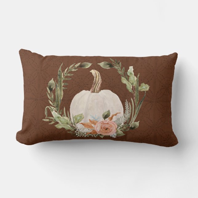 Fall Pumpkin Foliage Terracotta Floral Moss Green Lumbar Cushion (Front)