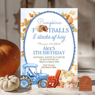 Fall Pumpkin Football And Stacks Of Hay Birthday Invitation