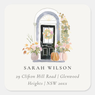 Fall Pumpkin Front Door Floral Moved Address Square Sticker
