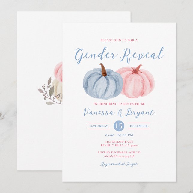 Fall Pumpkin Gender Reveal Pink & Blue Floral Invitation (Front/Back)