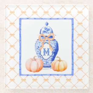 Fall Pumpkin Ginger Jar Monogram Glass Coaster