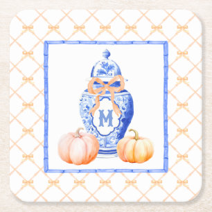Fall Pumpkin   Ginger Jar Monogram Square Paper Coaster