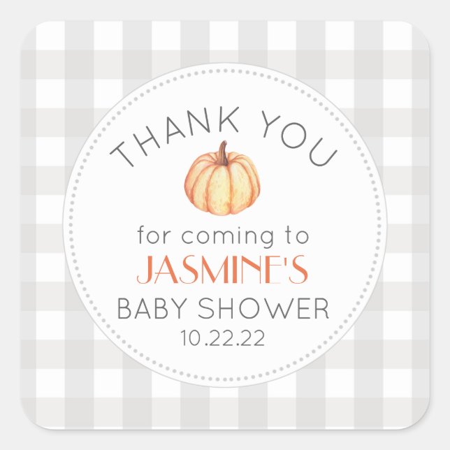 Fall pumpkin gingham neutral baby shower favour square sticker (Front)