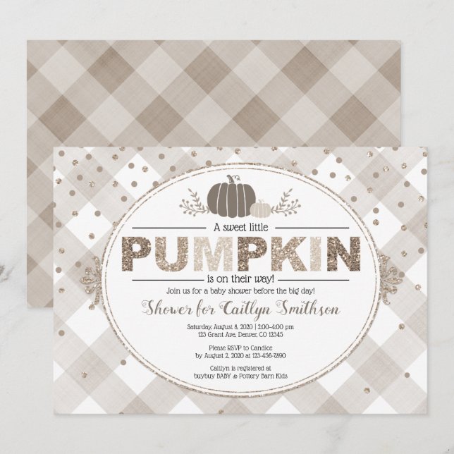 fall pumpkin gingham neutral colours beige shower invitation (Front/Back)
