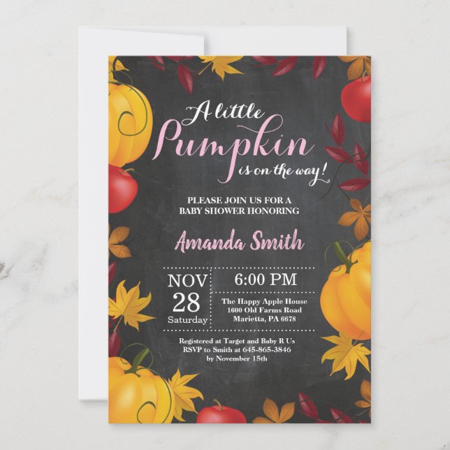 Fall Pumpkin Girl Baby Shower invitation Chalkboar (Front)