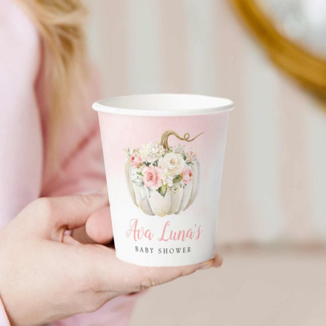 Fall Pumpkin Girl Baby Shower Personalised Paper Cups (Pink Fall Pumpkin Girl Baby Shower Paper Cups)