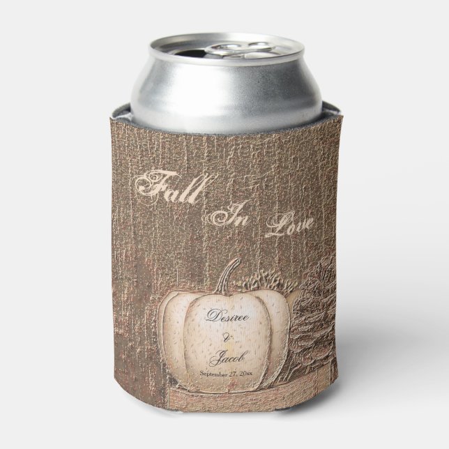 Fall Pumpkin Gold White Country Rustic Wedding Can Cooler (Can Front)