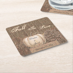 Fall Pumpkin Gold White Country Rustic Wedding Square Paper Coaster