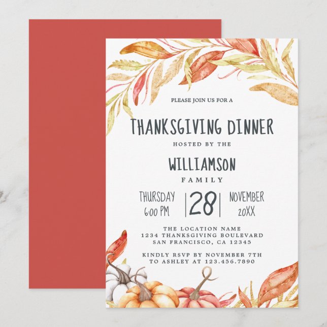 Fall Pumpkin Golden Foliage Thanksgiving Dinner In Invitation (Front/Back)