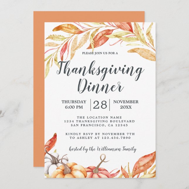 Fall Pumpkin Golden Foliage Thanksgiving Dinner In Invitation (Front/Back)