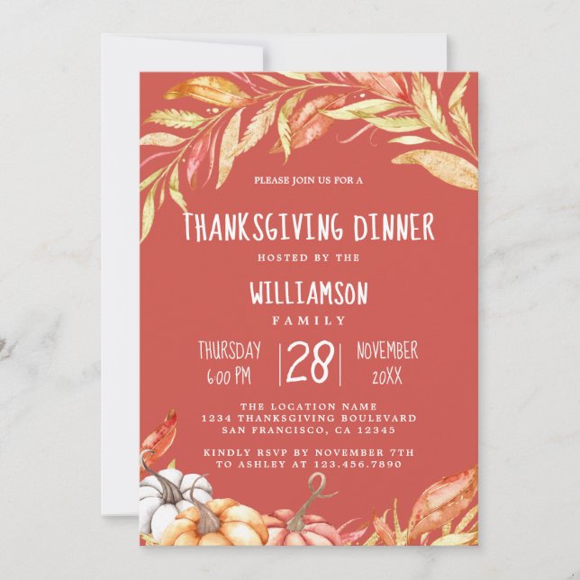 Fall Pumpkin Golden Foliage Thanksgiving Dinner Invitation (Front)