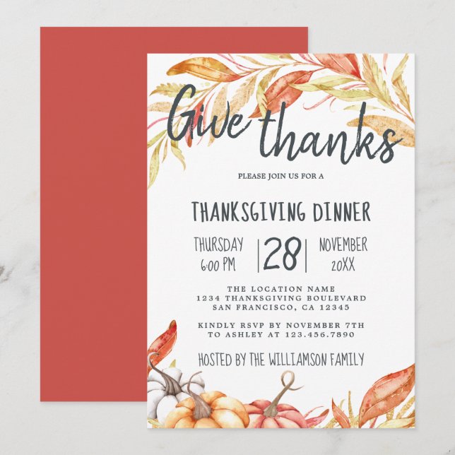 Fall Pumpkin Golden Foliage Thanksgiving Dinner Invitation (Front/Back)