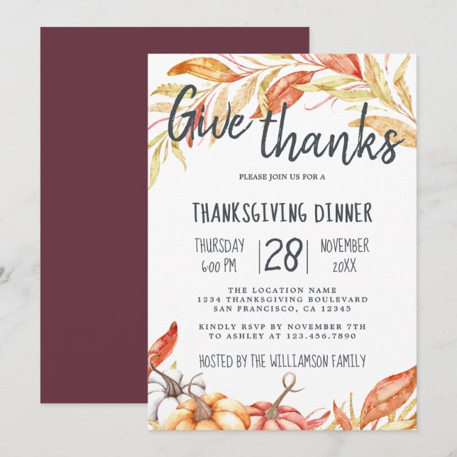 Fall Pumpkin Golden Foliage Thanksgiving Dinner Invitation (Front/Back)