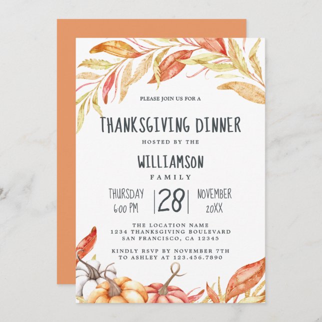 Fall Pumpkin Golden Foliage Thanksgiving Dinner Invitation (Front/Back)