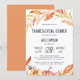 Fall Pumpkin Golden Foliage Thanksgiving Dinner Invitation