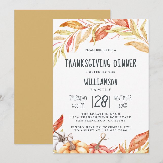 Fall Pumpkin Golden Foliage Thanksgiving Dinner Invitation (Front/Back)
