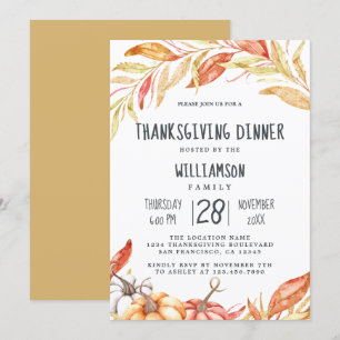 Fall Pumpkin Golden Foliage Thanksgiving Dinner Invitation