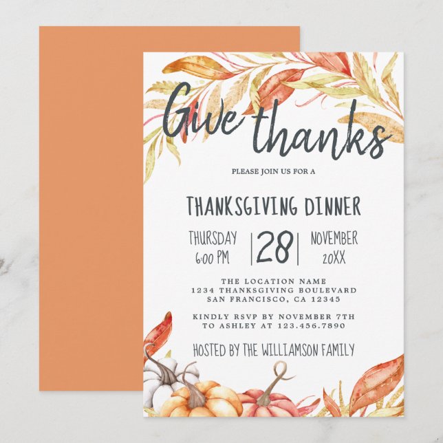 Fall Pumpkin Golden Foliage Thanksgiving Dinner Invitation (Front/Back)
