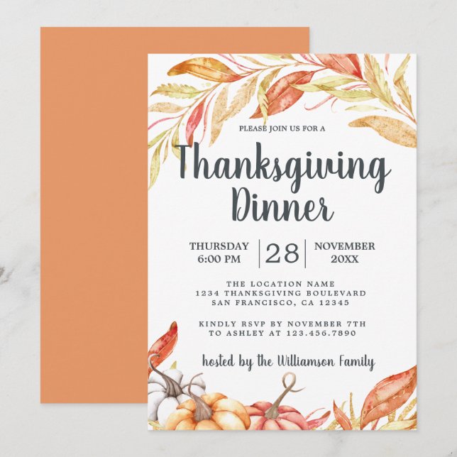 Fall Pumpkin Golden Foliage Thanksgiving Dinner Invitation (Front/Back)