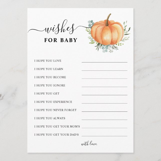 Fall Pumpkin Greenery Gold Baby Shower Wishes For Advice Card (Front)