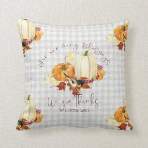 Fall Pumpkin Grey Buffalo Plaid Orange White Leaf  Cushion