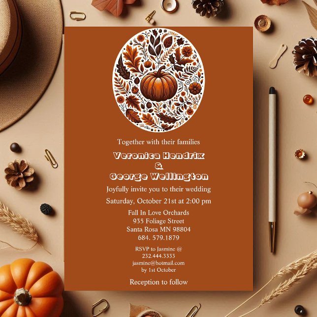 Fall Pumpkin Groovy Boho Rusty Brown Oval Wedding  Invitation (Fall Pumpkin Groovy Boho Rusty Brown Oval Foliage Invitation)