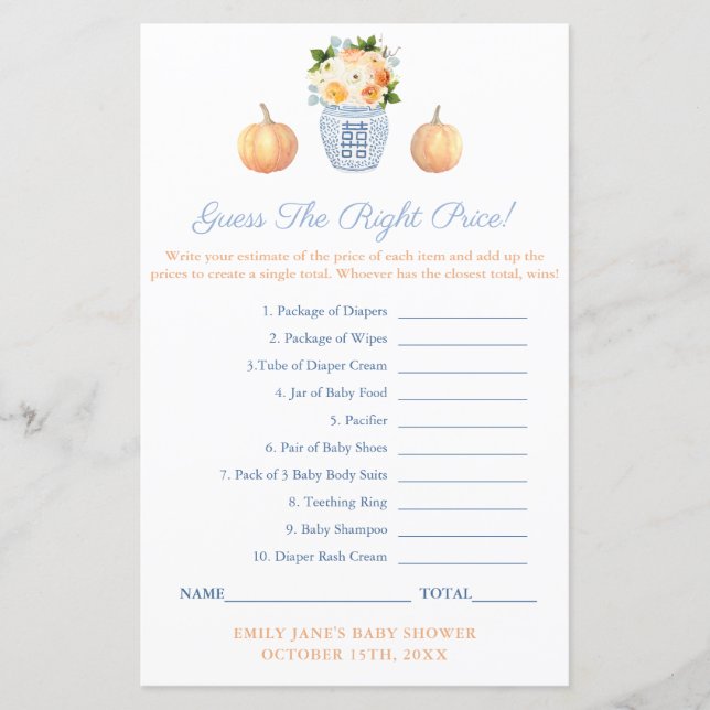 Fall Pumpkin Guess The Price Baby Shower Game Card (Front)