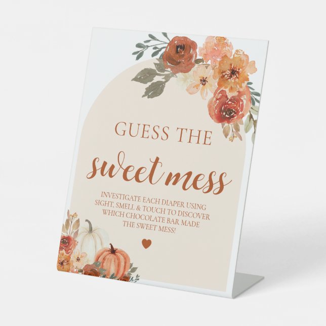 Fall Pumpkin Guess the Sweet Mess Baby Shower Game Pedestal Sign (Front)