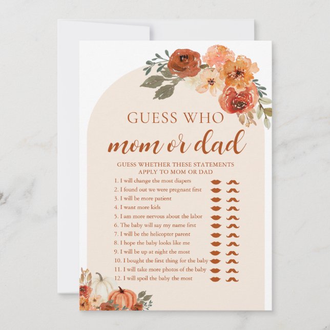 Fall Pumpkin Guess Who Mum or Dad Baby Shower Game Invitation (Front)