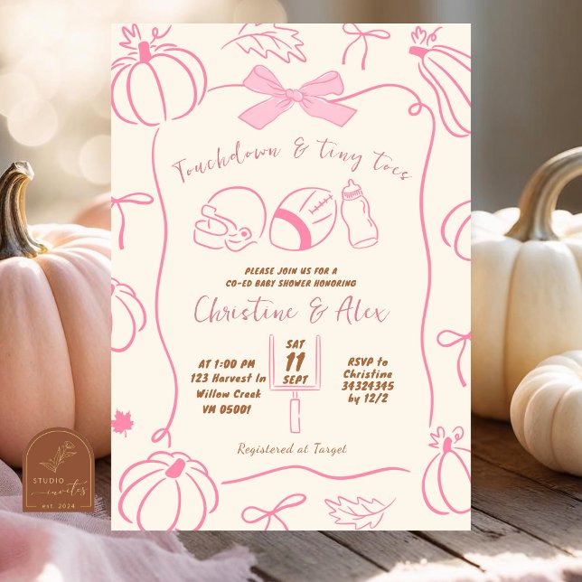 Fall Pumpkin Hand Drawn Touchdown and Tiny Toes Invitation (Creator Uploaded)