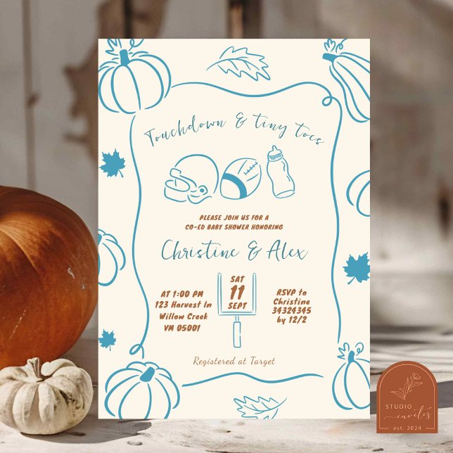 Fall Pumpkin Hand Drawn Touchdown and Tiny Toes Invitation (Creator Uploaded)