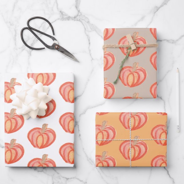 Fall Pumpkin Hand Painted Orange  Wrapping Paper Sheet (Front)